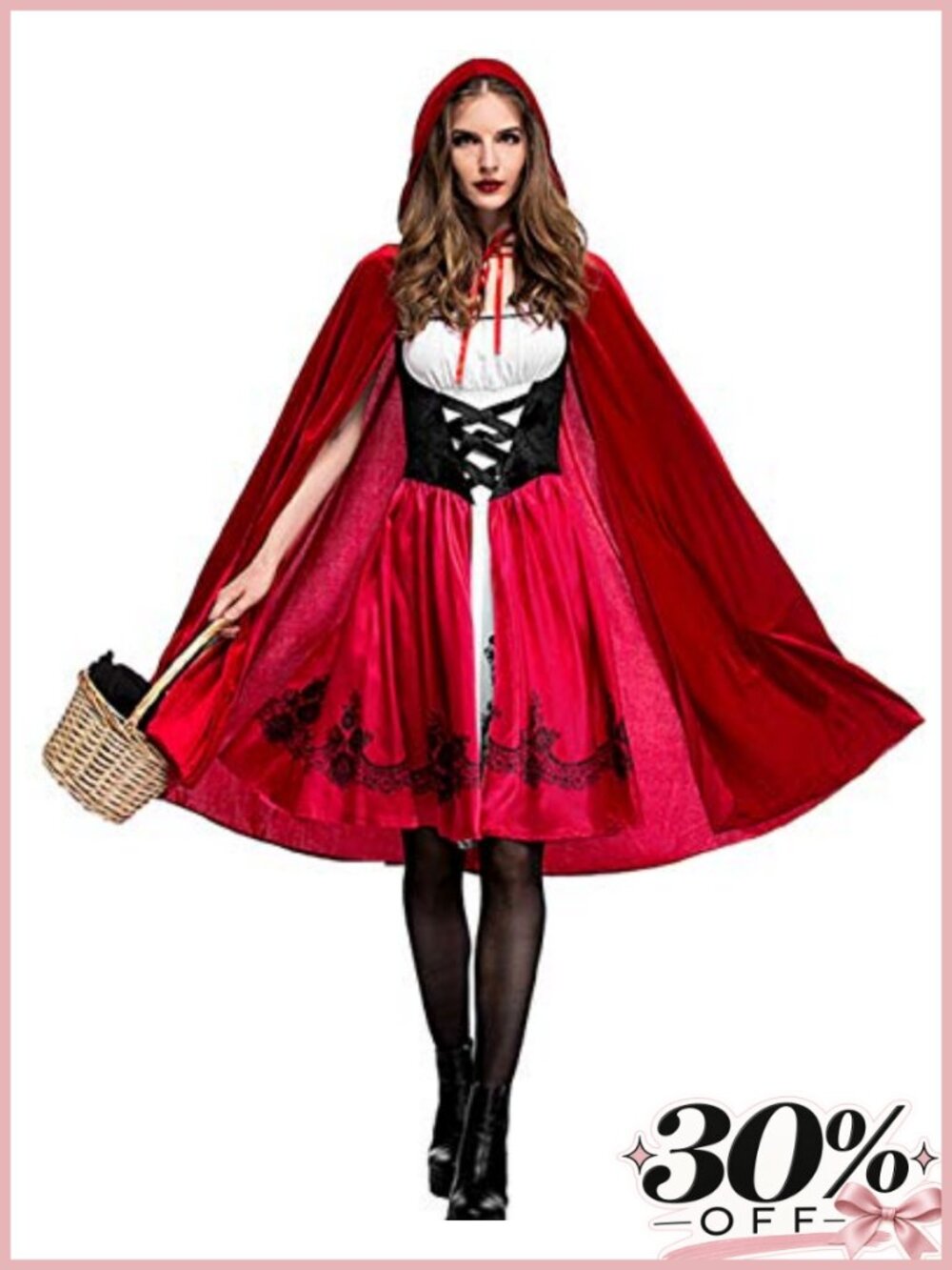 Little Red Riding Hood Costume Lace Corset Dress Velvet Hooded Cape Halloween